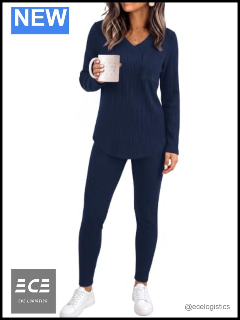 Womens 2 Piece Lounge Set Long Sleeve V Neck Top Fitted Pants Pajamas